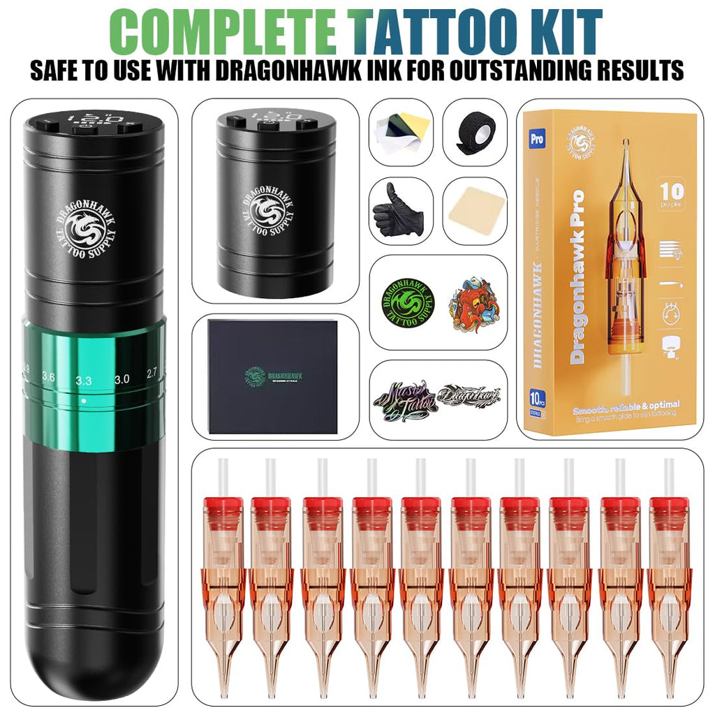 Dragonhawk A2 Wireless Tattoo Pen Kit – 2 Batteries, Adjustable Stroke 2.4–4.2mm, Quiet Mcore-A Motor