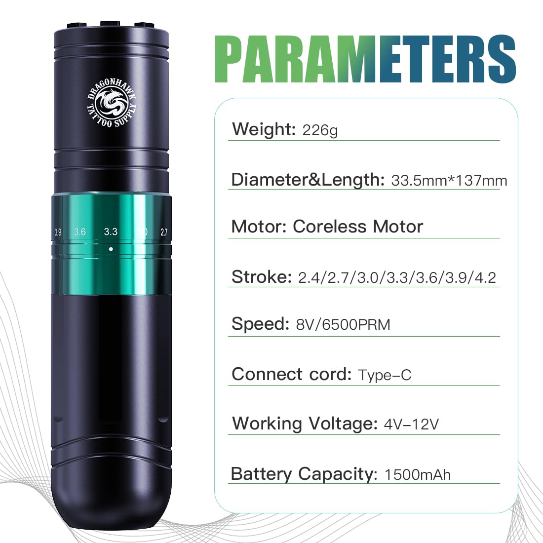 Dragonhawk A2 Wireless Tattoo Pen Kit – 2 Batteries, Adjustable Stroke 2.4–4.2mm, Quiet Mcore-A Motor