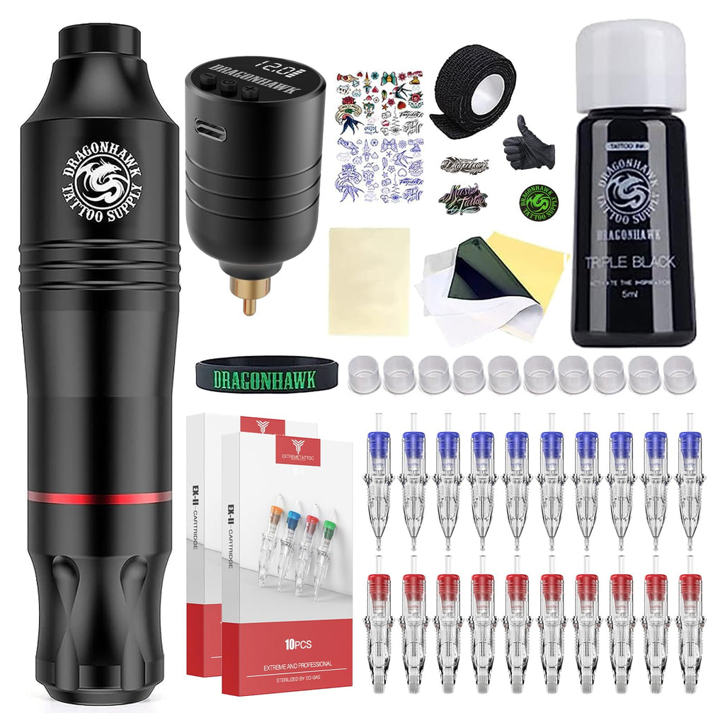 Dragonhawk Atom Wireless Tattoo Pen Kit – Complete Beginner Kit with 20 Cartridges & Battery Power