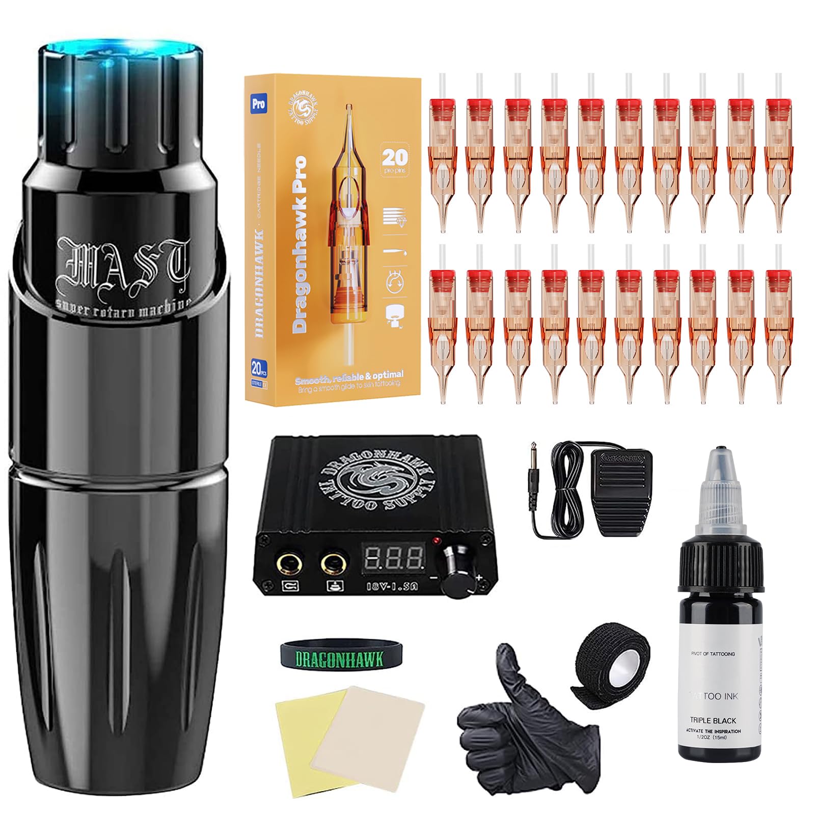 Dragonhawk Complete Rotary Tattoo Pen Kit Mast Tour – 20 Cartridges & Power Supply