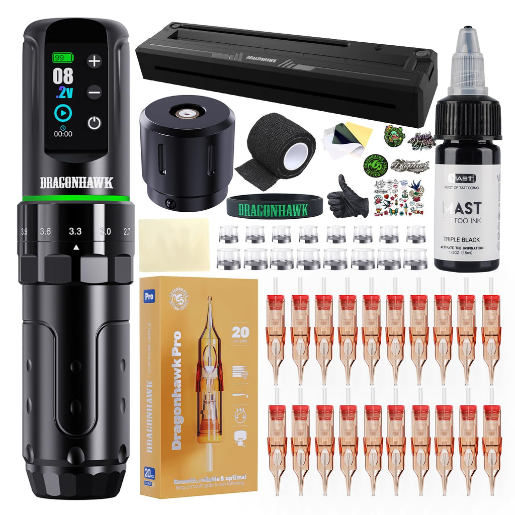 Dragonhawk L3 Tattoo Gun Kit with A4 Thermal Printer – 7 Strokes 2.4-4.2mm, Complete Tattoo Supplies