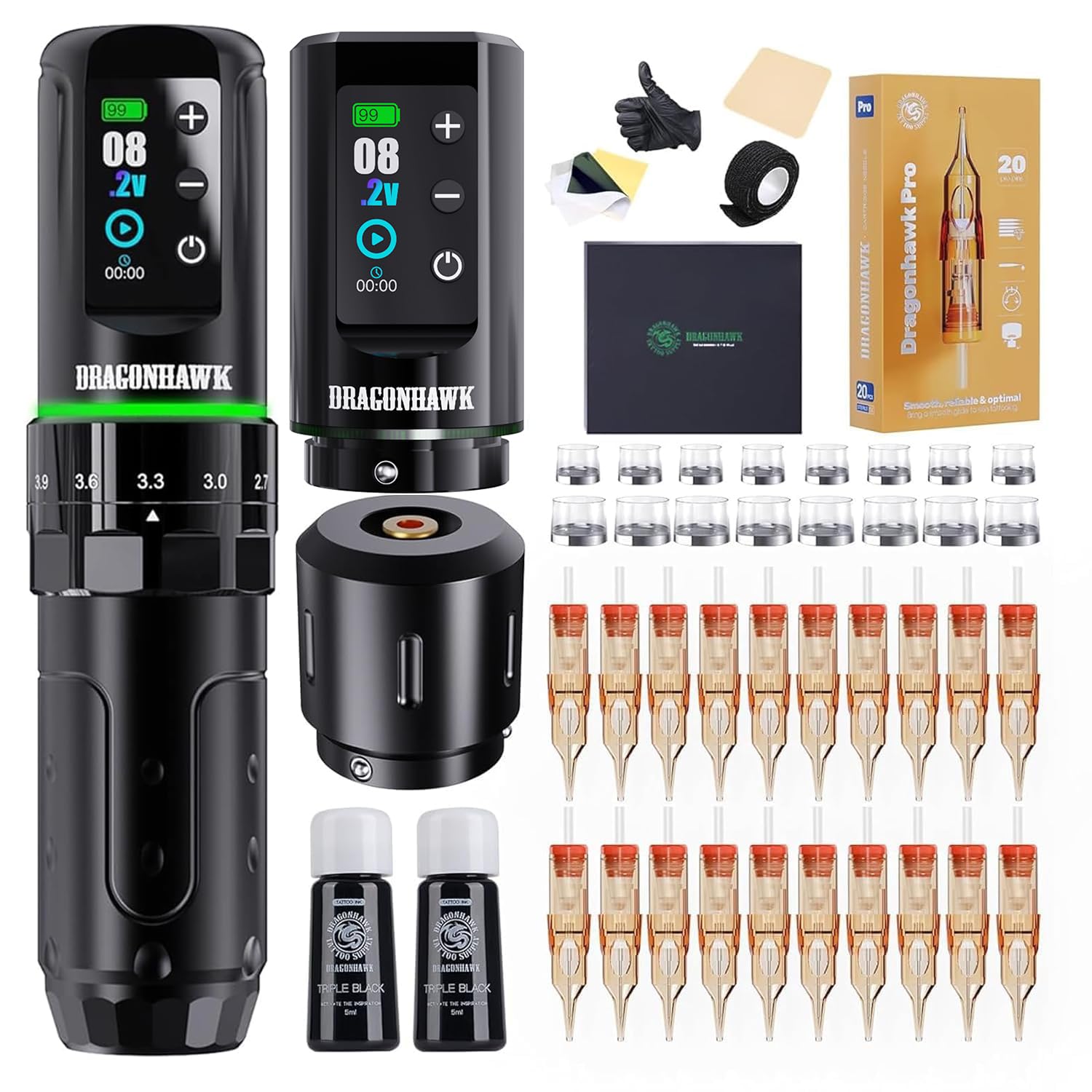 Dragonhawk L3 Tattoo Kit — Cordless Pen Machine, 7 Stroke Options, Dual 2000mAh Batteries
