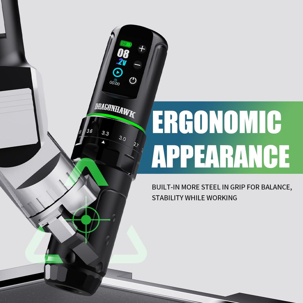 Dragonhawk L3 Tattoo Kit — Cordless Pen Machine, 7 Stroke Options, Dual 2000mAh Batteries