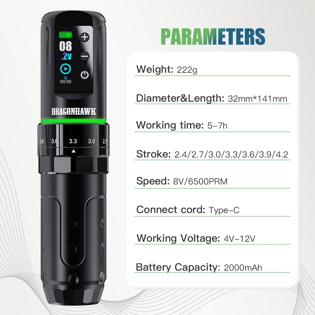 Dragonhawk L3 Tattoo Kit — Cordless Pen Machine, 7 Stroke Options, Dual 2000mAh Batteries