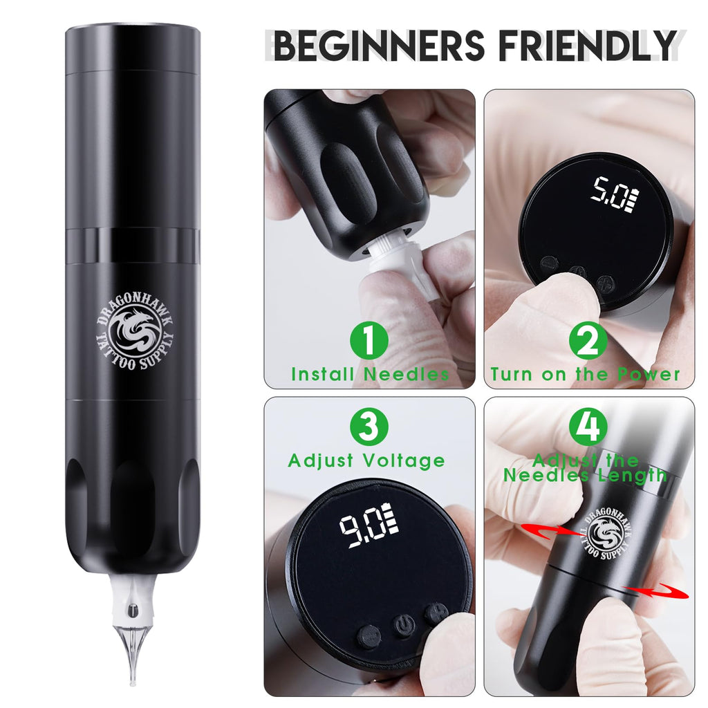 Dragonhawk X3 Wireless Tattoo Kit – Beginner Complete Tattoo Gun, Cartridges & Practice Skin