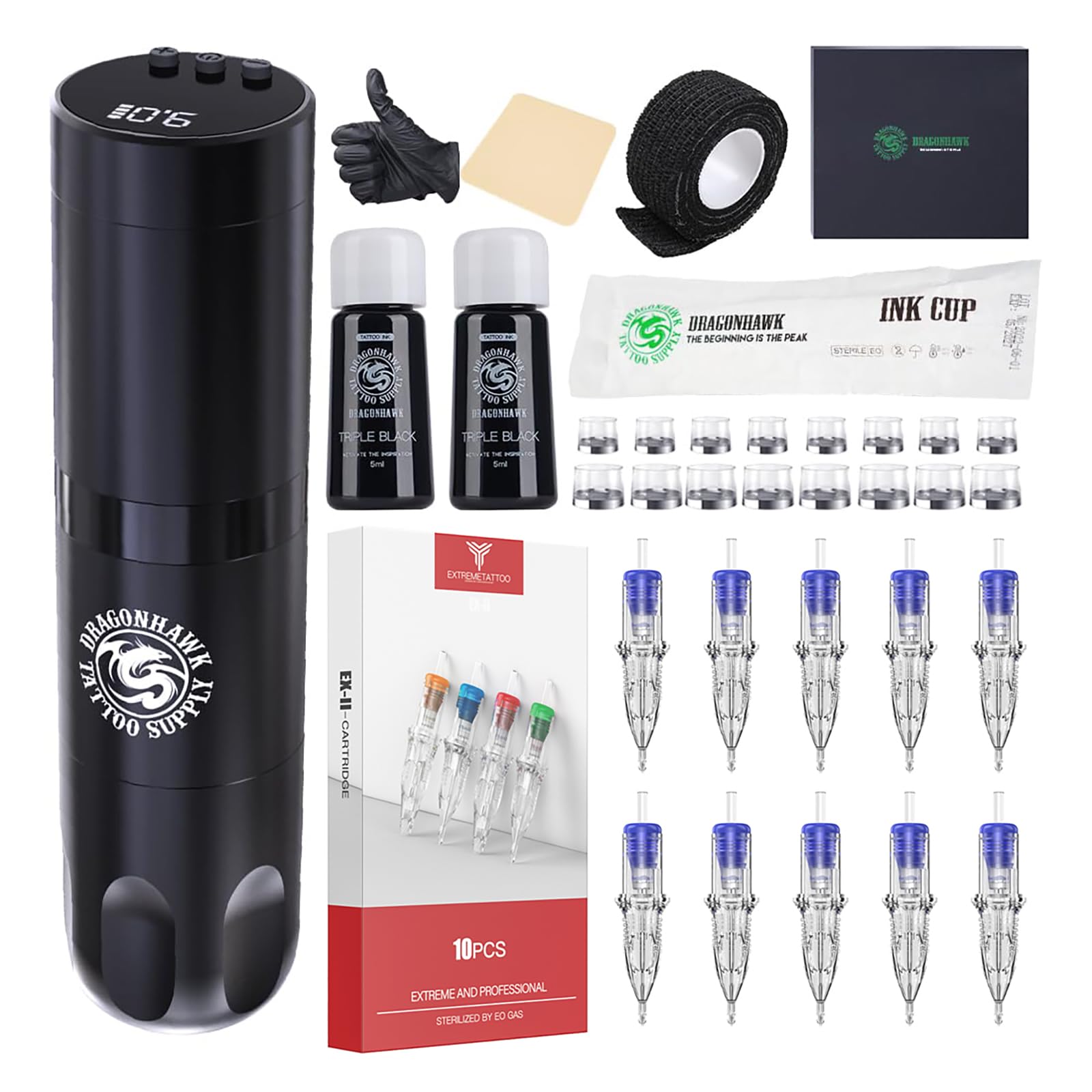 Dragonhawk X3 Wireless Tattoo Kit – Beginner Complete Tattoo Gun, Cartridges & Practice Skin