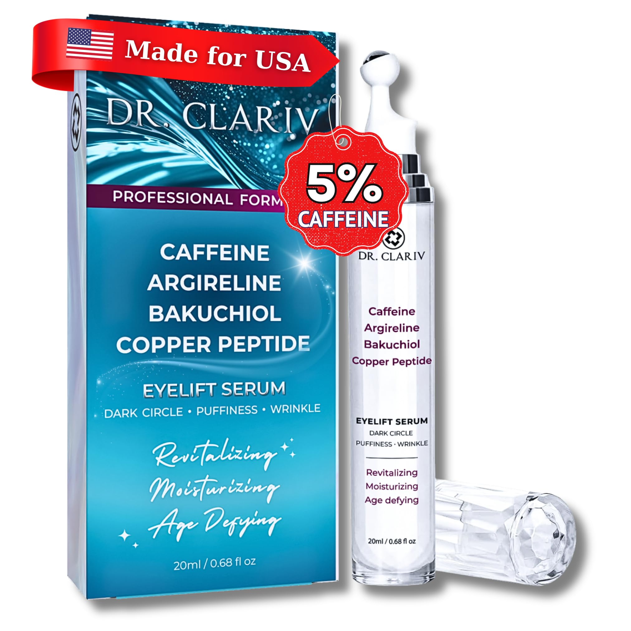 DR. CLARIV Caffeine 5% + Bakuchiol Eye Serum – Roll-On for Dark Circles & Puffiness (Argireline, GHK-Cu), 20ml