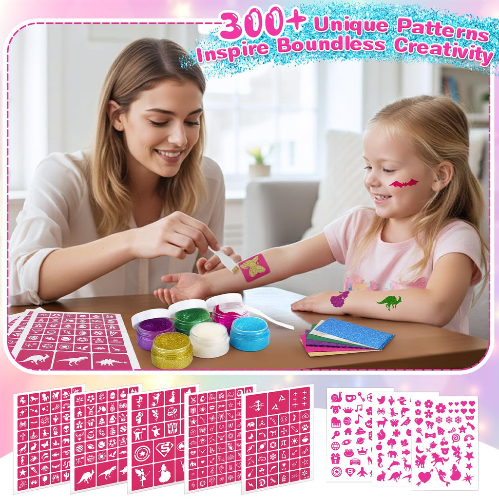 Dreamon Temporary Glitter Tattoo Kit – 6 Colors, 325 Stencils, No-Mess Gel