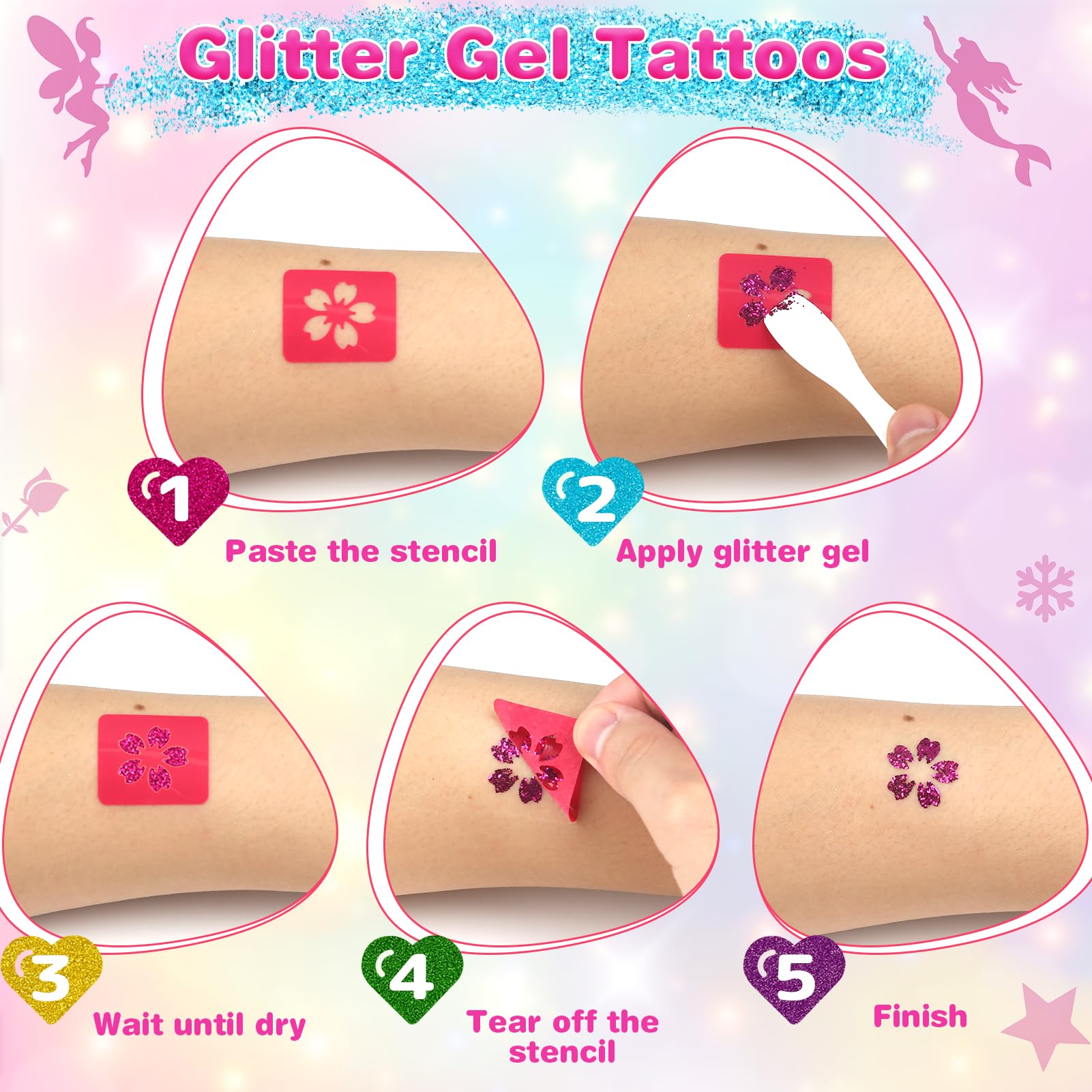 Dreamon Temporary Glitter Tattoo Kit – 6 Colors, 325 Stencils, No-Mess Gel
