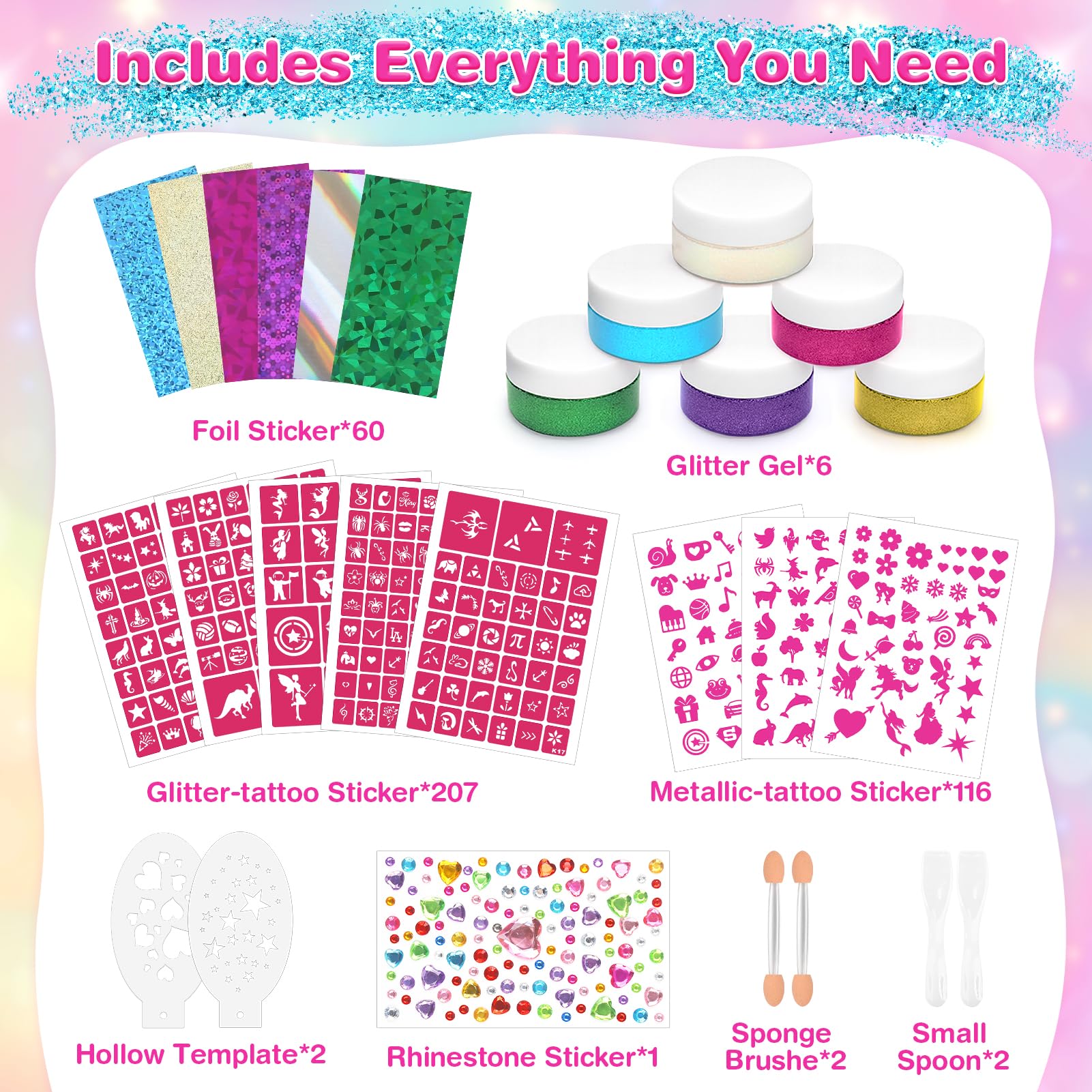 Dreamon Temporary Glitter Tattoo Kit – 6 Colors, 325 Stencils, No-Mess Gel