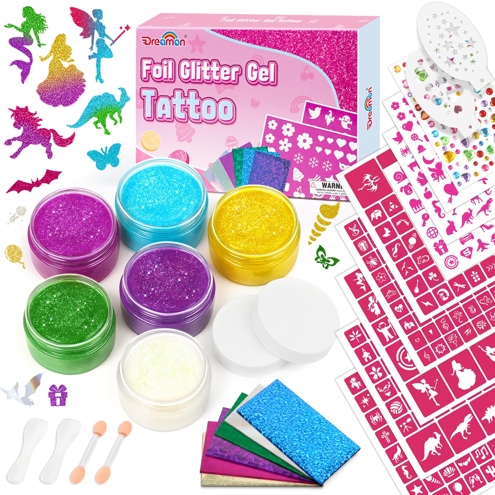 Dreamon Temporary Glitter Tattoo Kit – 6 Colors, 325 Stencils, No-Mess Gel