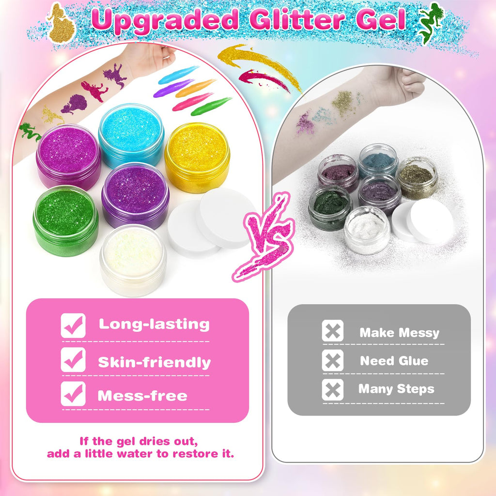 Dreamon Temporary Glitter Tattoo Kit – 6 Colors, 325 Stencils, No-Mess Gel