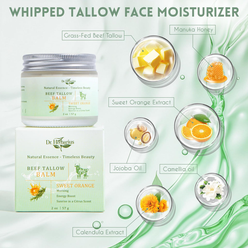 Dr.Herbarius Beef Tallow for Face — Organic Grass-Fed Tallow & Honey Balm, 2 Oz, Sweet Orange