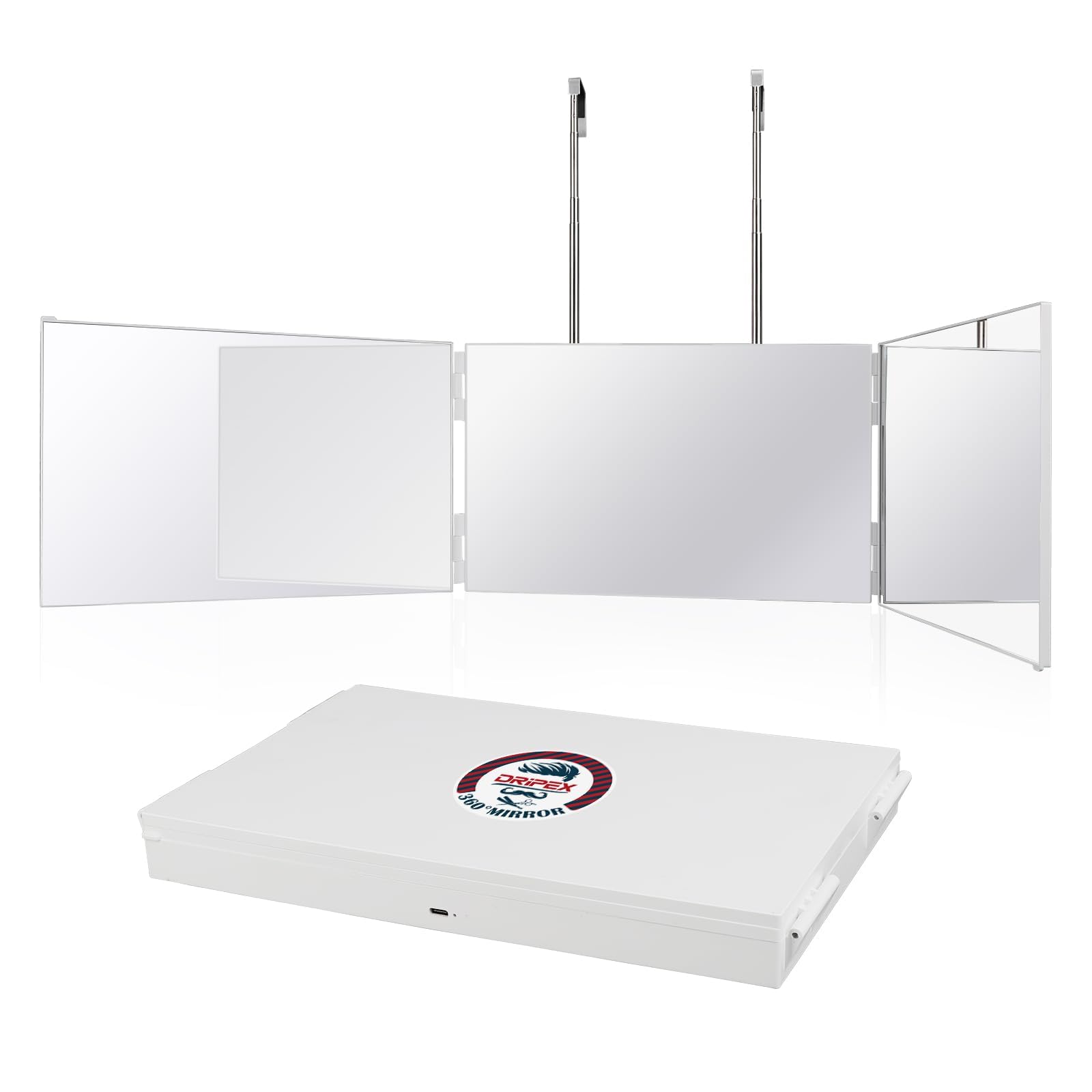 Dripex 3 Way Mirror – 360° Trifold Self Haircut Mirror with Height Adjustable Hooks (White, No LED)