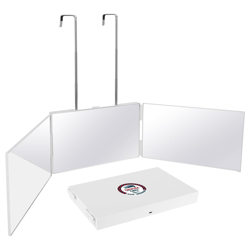 Dripex 3 Way Mirror – 360° Trifold Self Haircut Mirror with Height Adjustable Hooks (White, No LED)