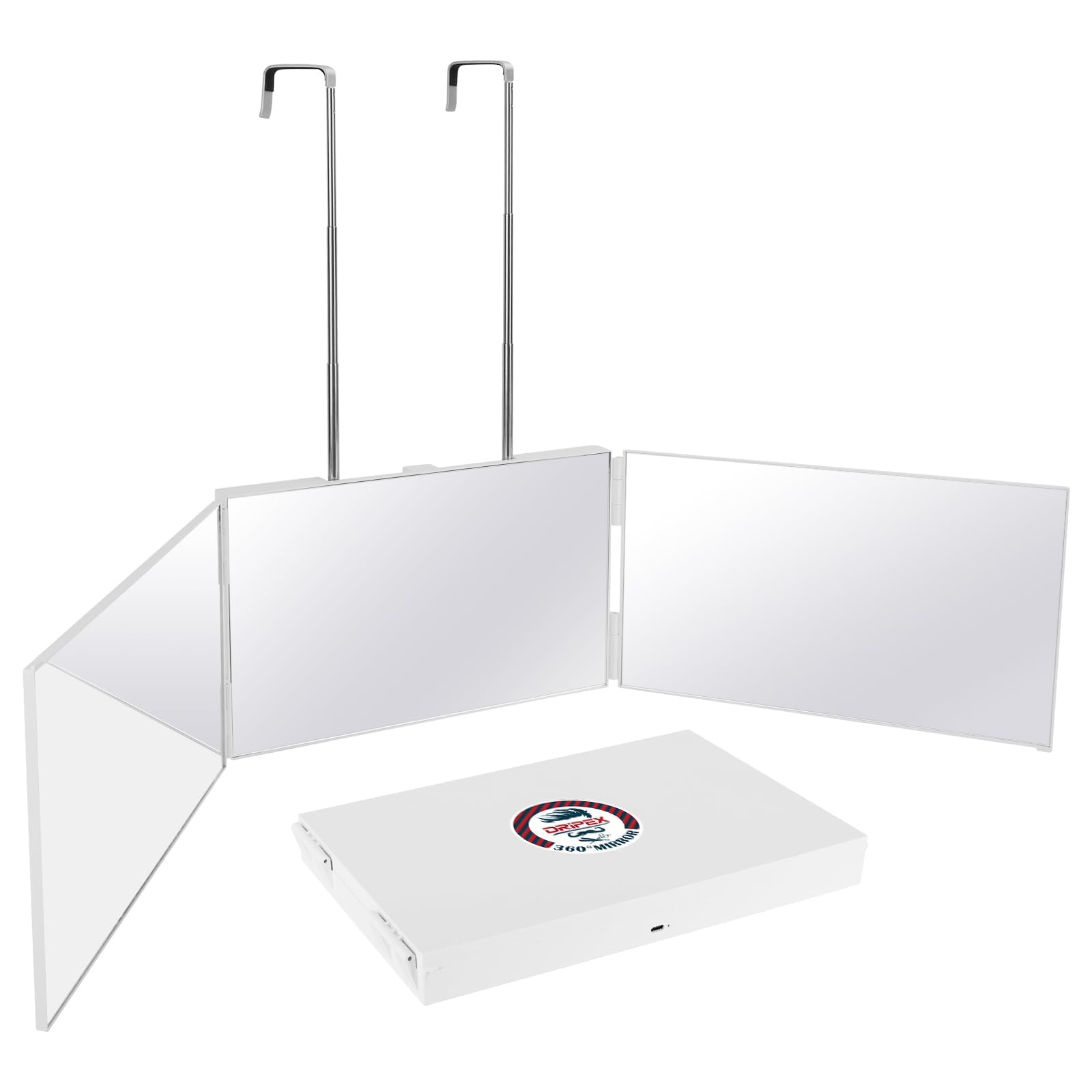 Dripex 3 Way Mirror – 360° Trifold Self Haircut Mirror with Height Adjustable Hooks (White, No LED)