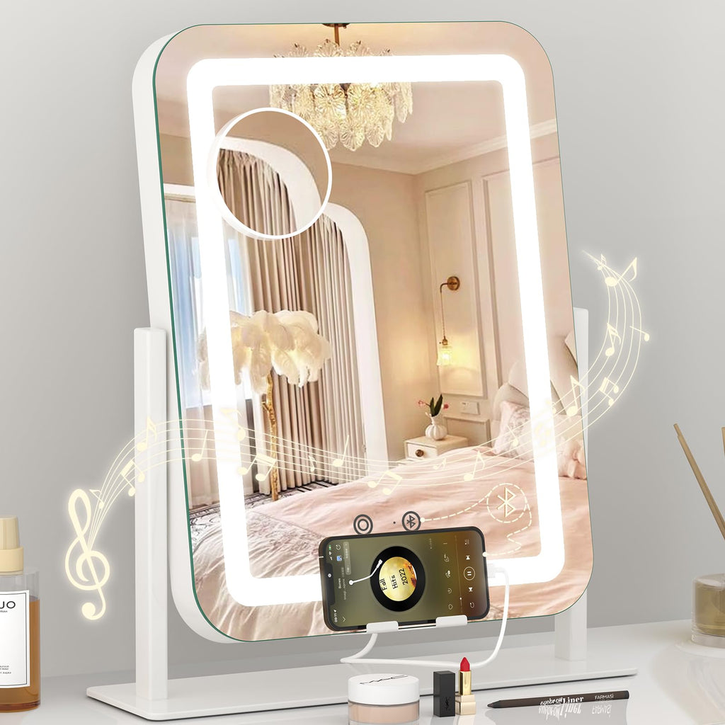 Dripex Lighted Vanity Mirror with Bluetooth Speaker & USB Charging Port – 15x12 in, 3-Color Dimmable LED