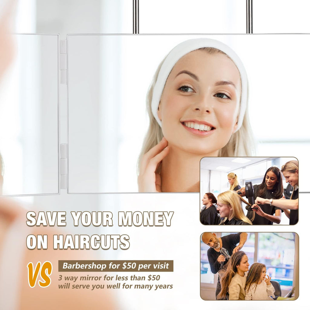 Dripex 3 Way Mirror – 360° Trifold Self Haircut Mirror with Height Adjustable Hooks (White, No LED)