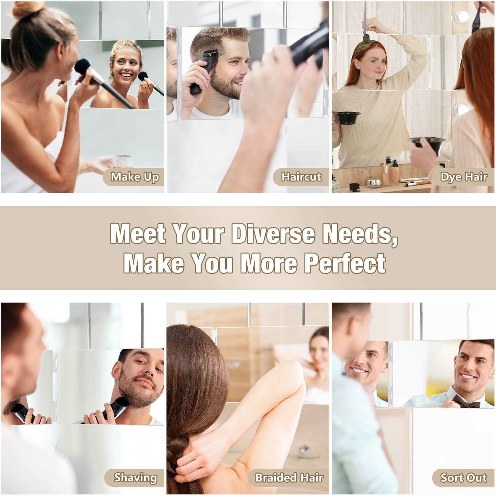 Dripex 3 Way Mirror – 360° Trifold Self Haircut Mirror with Height Adjustable Hooks (White, No LED)
