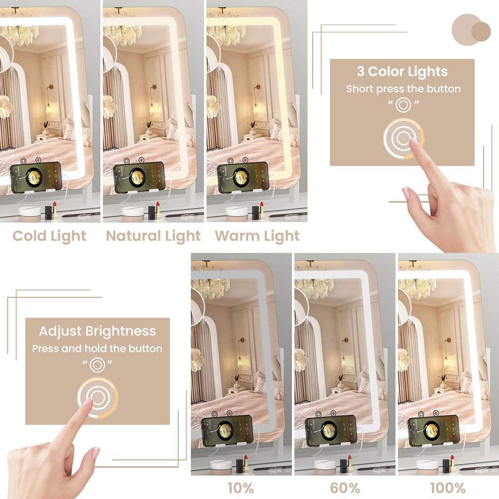 Dripex Lighted Vanity Mirror with Bluetooth Speaker & USB Charging Port – 15x12 in, 3-Color Dimmable LED