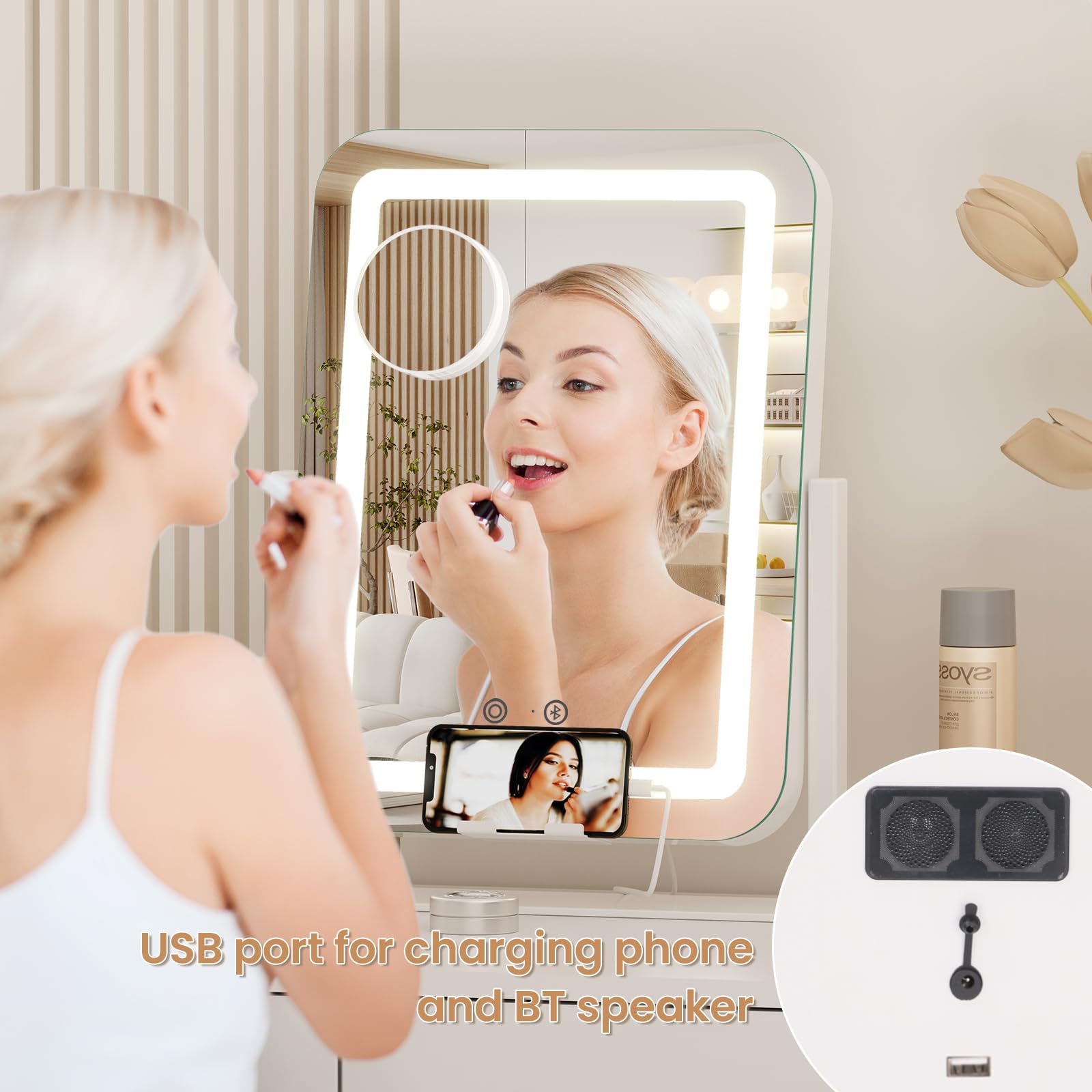 Dripex Lighted Vanity Mirror with Bluetooth Speaker & USB Charging Port – 15x12 in, 3-Color Dimmable LED