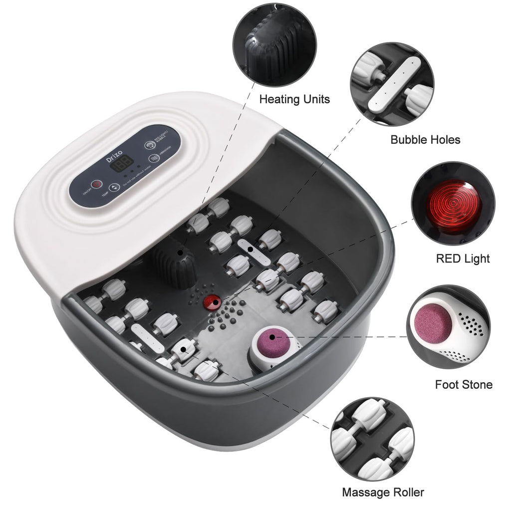 Drizo Foot Spa Massager with Heat, Bubbles, Infrared Light & 22 Shiatsu Rollers | Tea Tree Oil Salt Soak