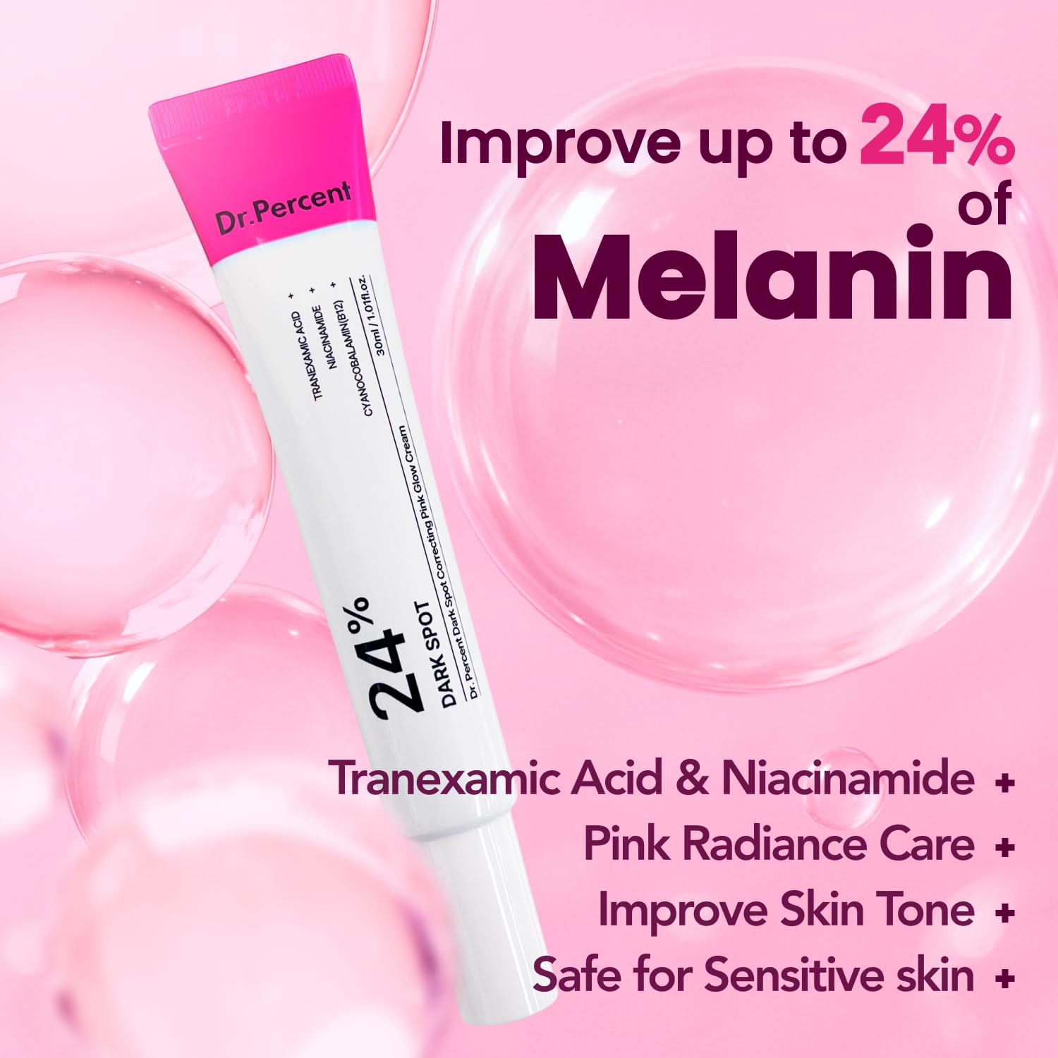 Dr.Percent Dark Spot 24% Correcting Pink Glow Cream — Tranexamic Acid 6%, Niacinamide 5%