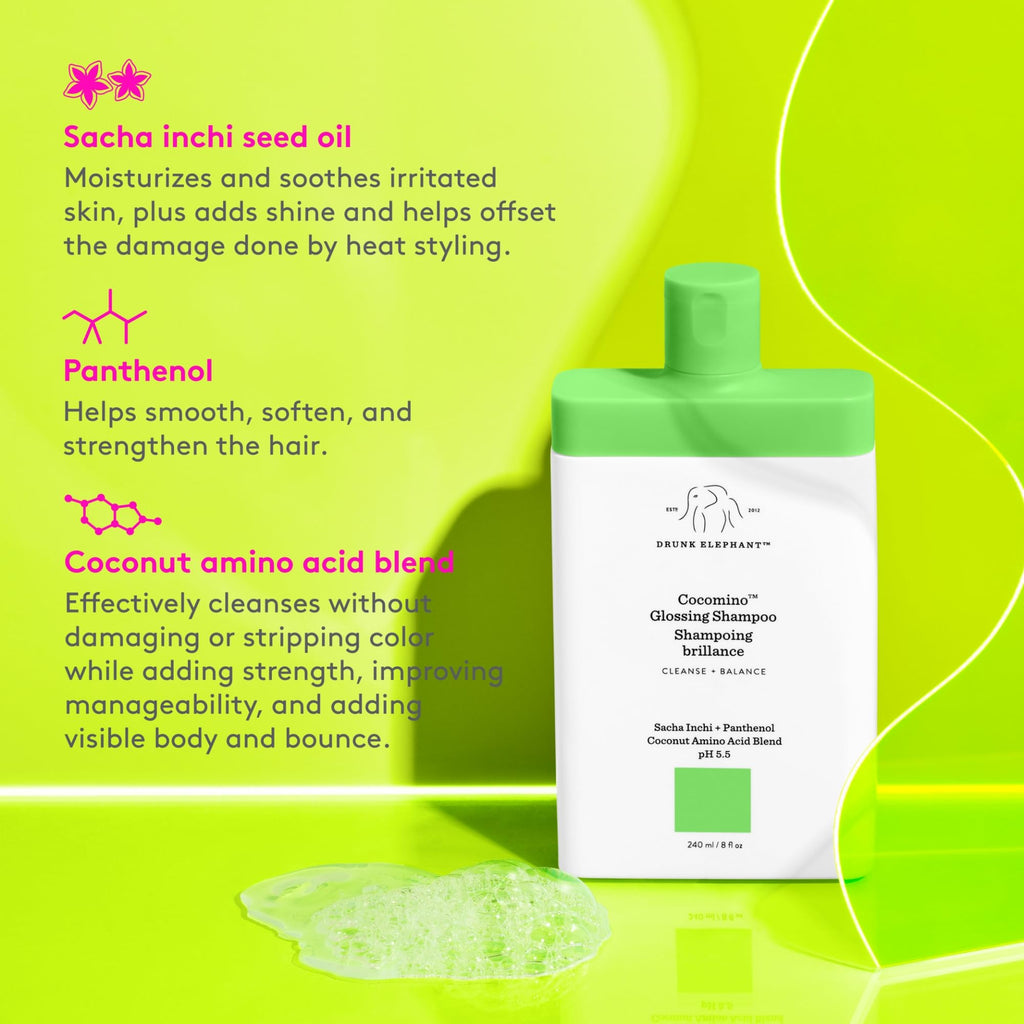 Drunk Elephant Cocomino Glossing Shampoo – Sulfate-Free, Color-Safe, Coconut Amino Acids (240 ml/8 oz)