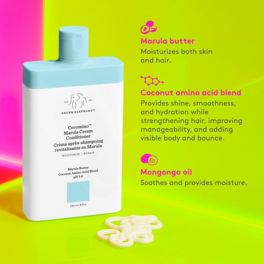Drunk Elephant Cocomino Marula Cream Conditioner – 240 ml / 8 fl oz | Sulfate-Free, Color-Safe, Cruelty-Free
