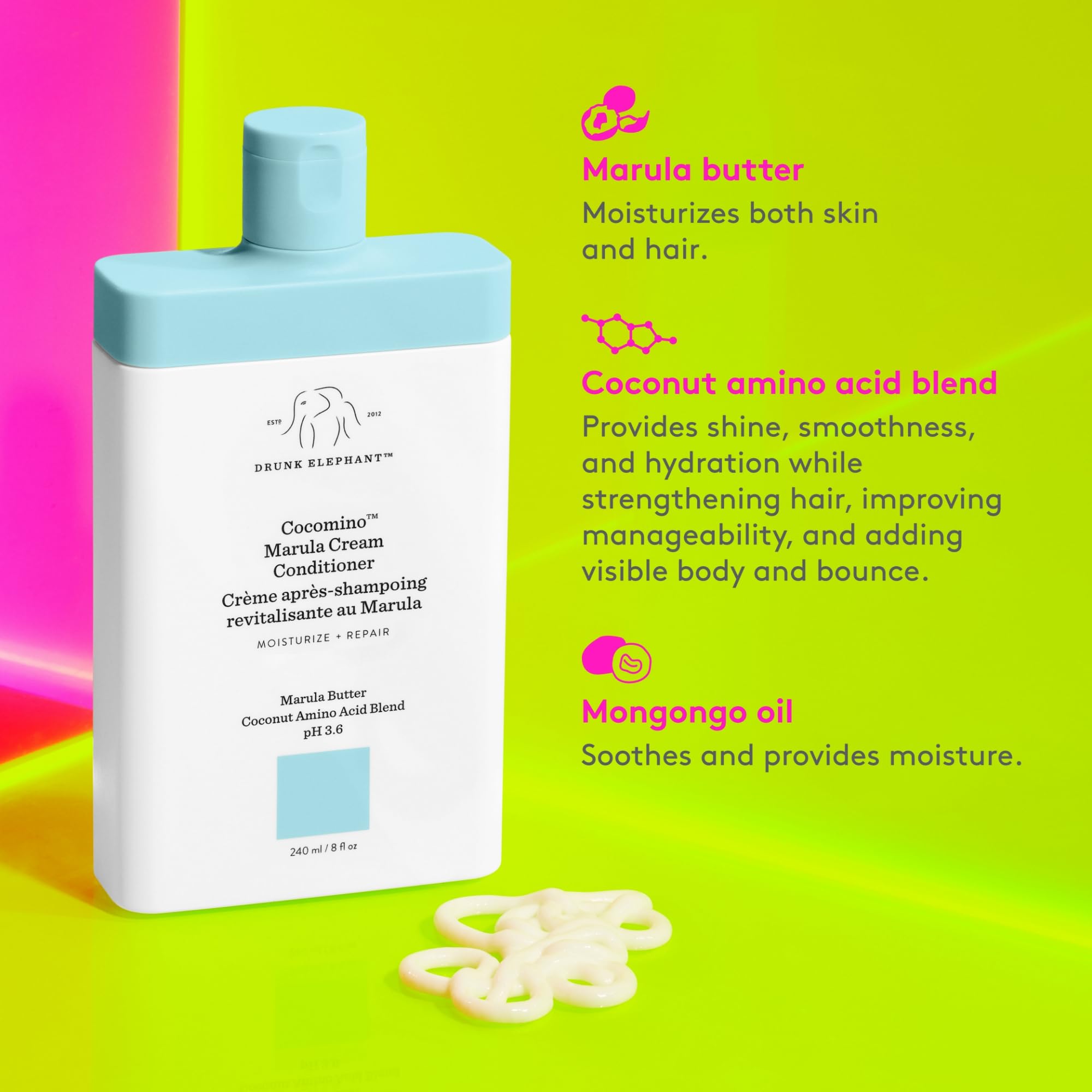 Drunk Elephant Cocomino Marula Cream Conditioner – 240 ml / 8 fl oz | Sulfate-Free, Color-Safe, Cruelty-Free