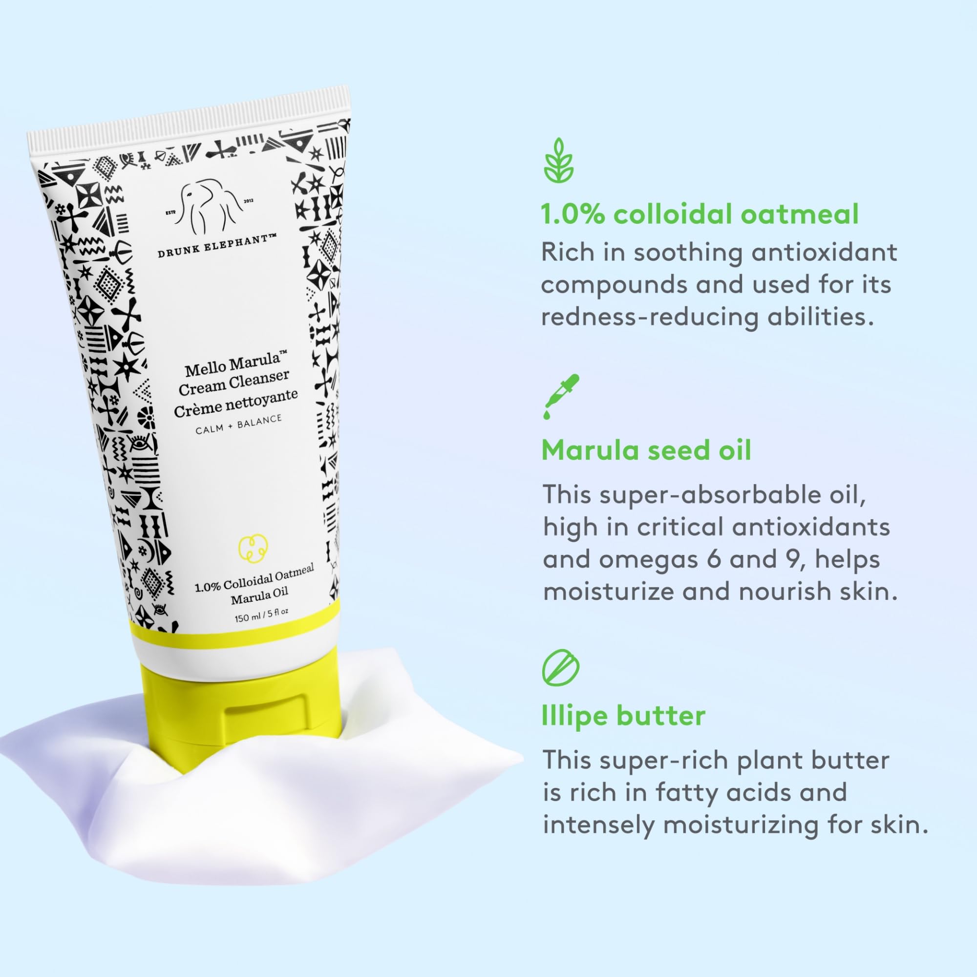 Drunk Elephant Mello Marula Cream Cleanser – Calming Face Cleanser, Fragrance-Free, Cruelty-Free