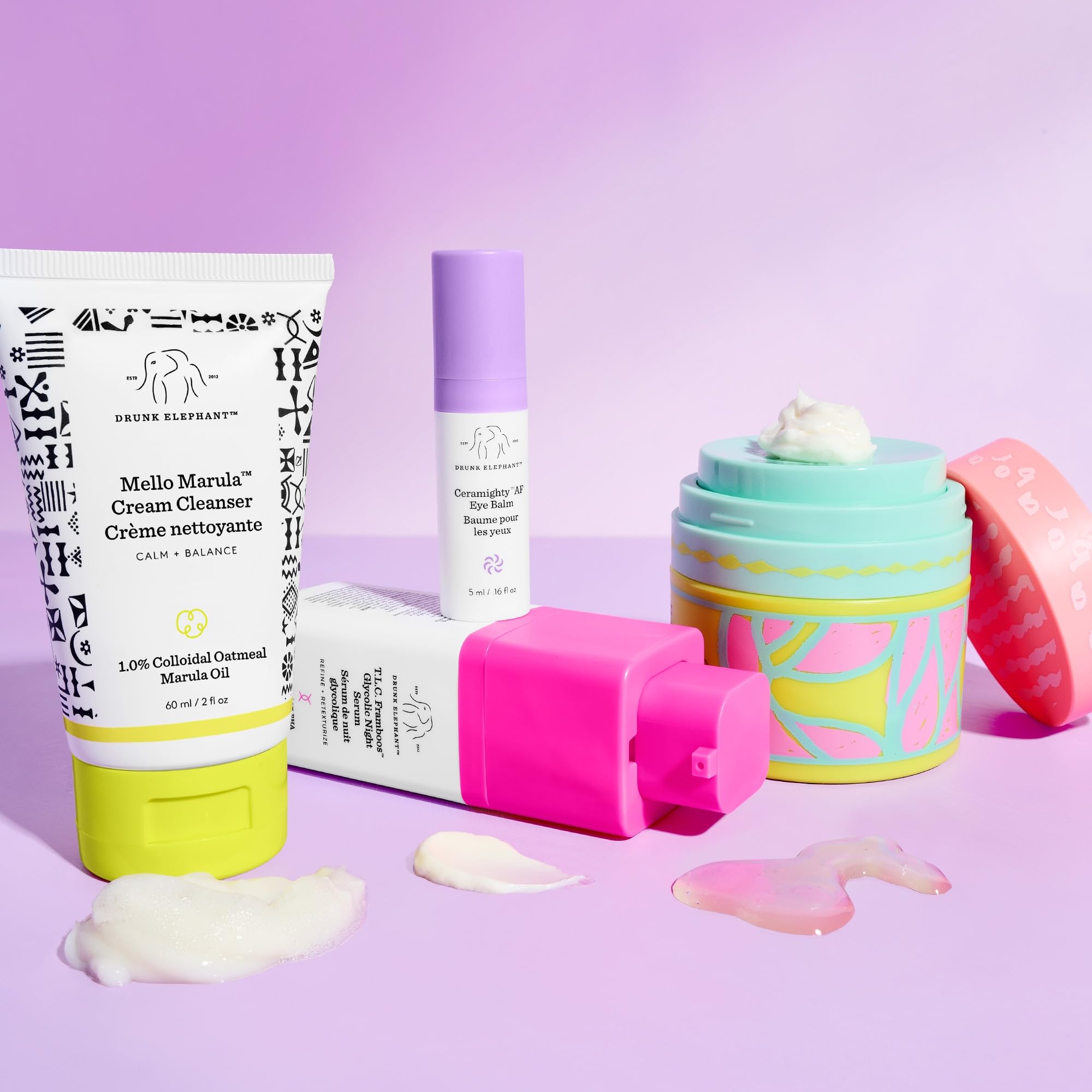 Drunk Elephant Opening Night Kit: Bora Barrier, Mello Marula Cleanser, TLC Framboos, Ceramighty