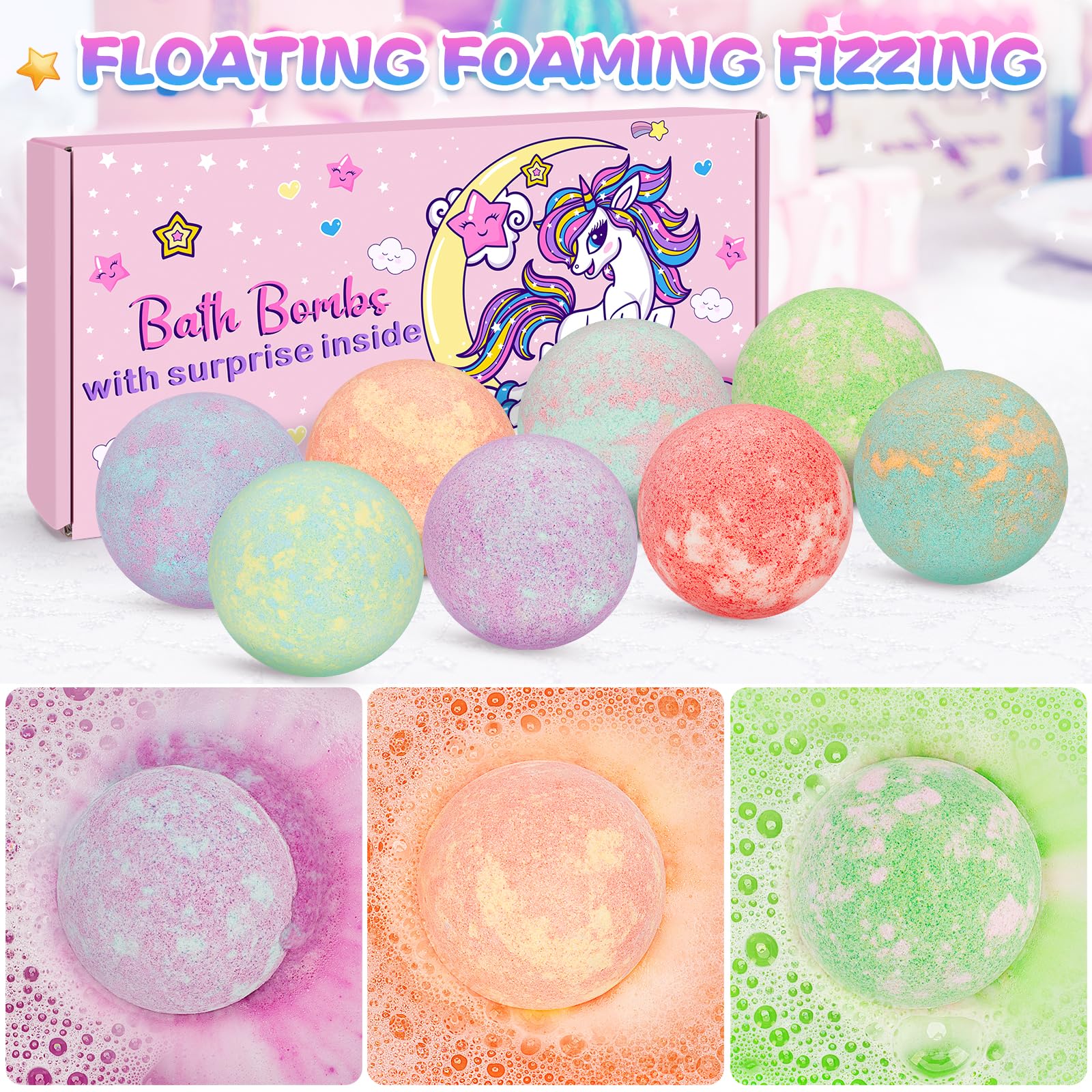 Duchong Unicorn Bath Bombs for Kids – 8-Pack with Surprise Toy Inside, Natural Fizzy Bath Kit for Girls 3–8