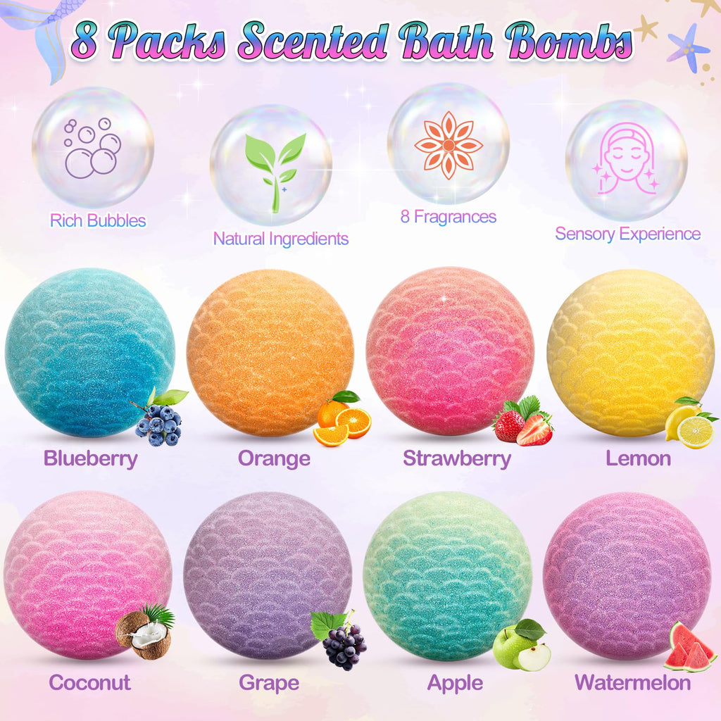 Duchong 8-Pack Mermaid Bath Bombs for Kids – Surprises Inside, Colorful Bubbles