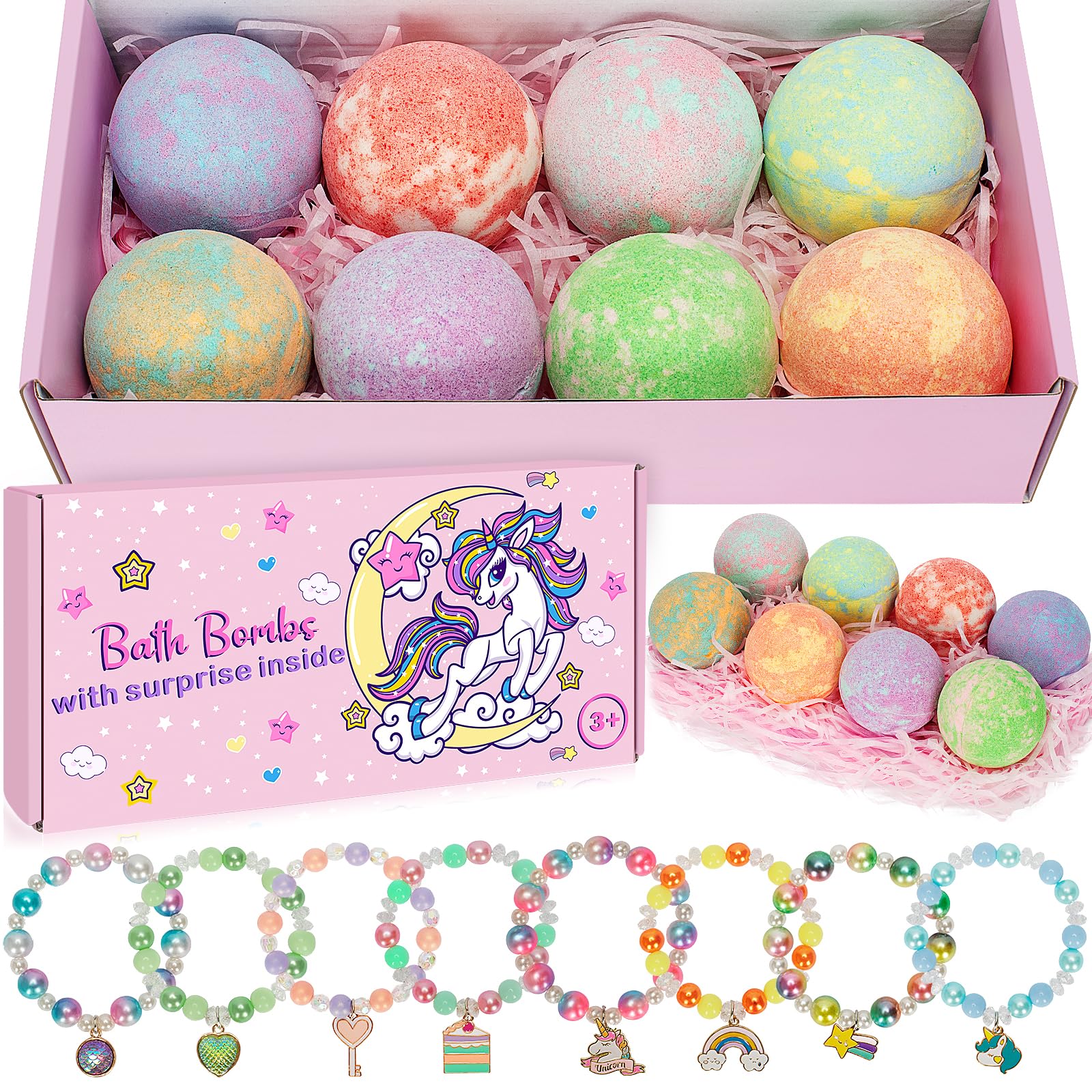 Duchong Unicorn Bath Bombs for Kids – 8-Pack with Surprise Toy Inside, Natural Fizzy Bath Kit for Girls 3–8