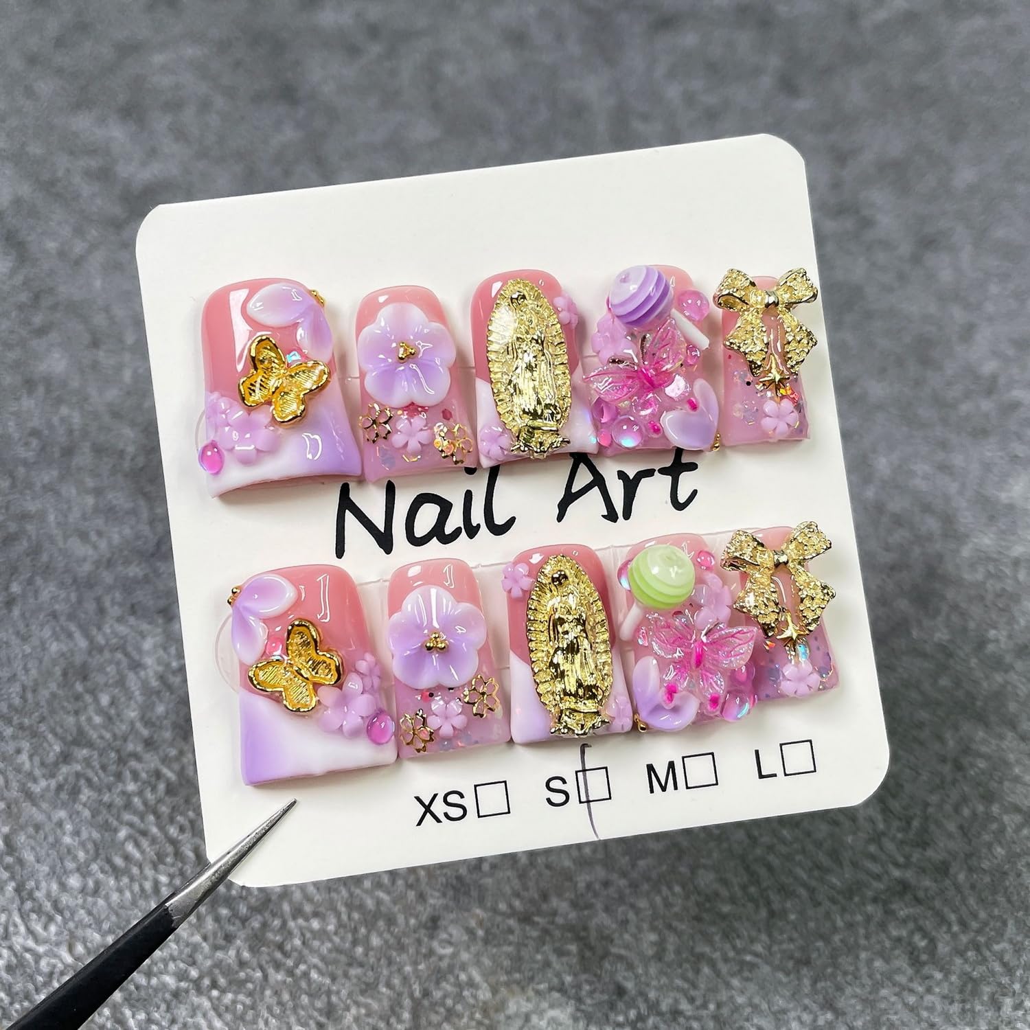 Duck Handmade Press-On Nails — Purple White Gradient with 3D Flower, Lollipop & Bow Design