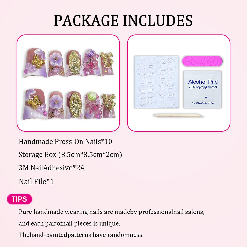 Duck Handmade Press-On Nails — Purple White Gradient with 3D Flower, Lollipop & Bow Design