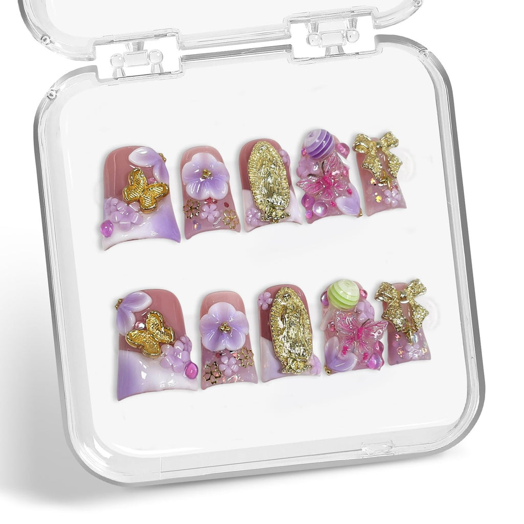 Duck Handmade Press-On Nails — Purple White Gradient with 3D Flower, Lollipop & Bow Design