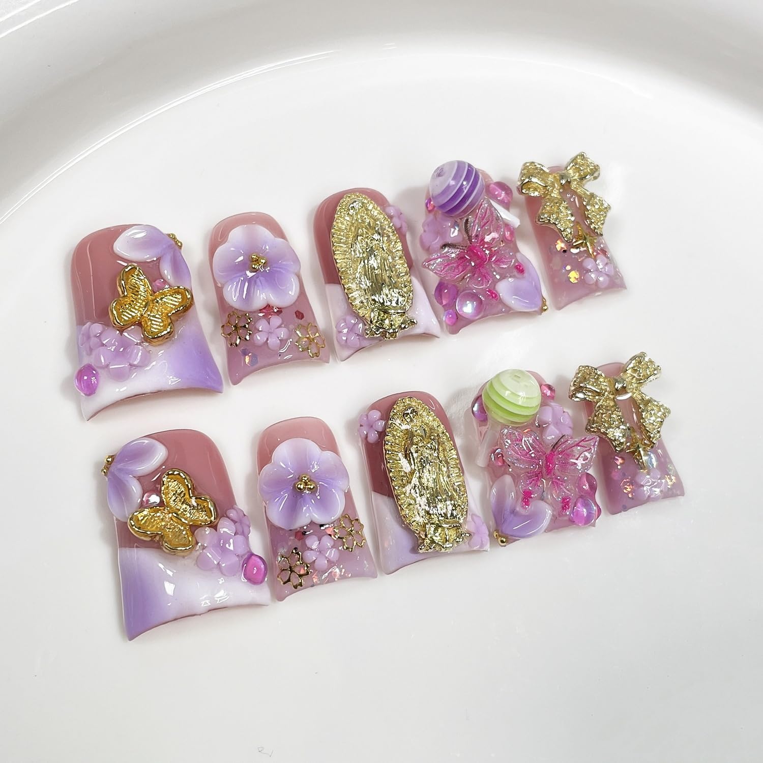 Duck Handmade Press-On Nails — Purple White Gradient with 3D Flower, Lollipop & Bow Design