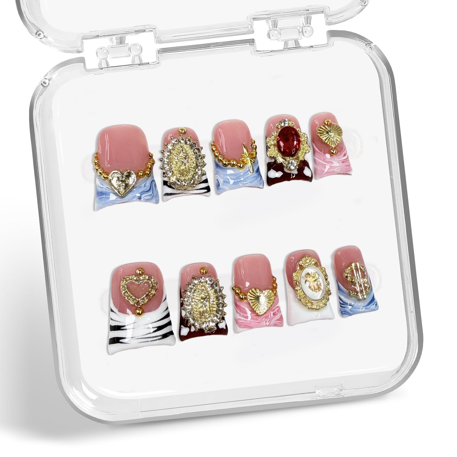 Duck Press on Nails – Handmade 3D Gold Embossed Rhinestone Short Nails with Gradient French Tip