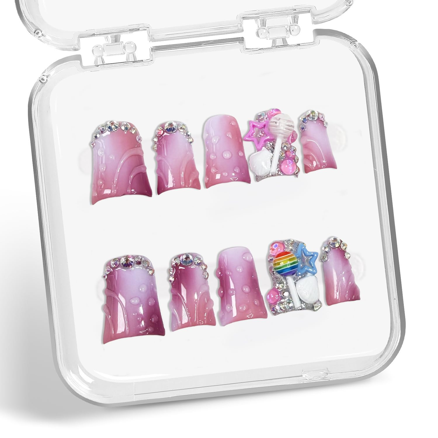 Duck Press on Nails – Handmade Short Press-On Nails with 3D Lollipop & Stars (S)