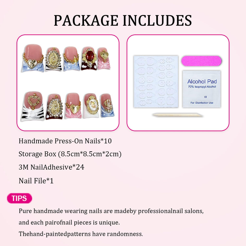 Duck Press on Nails – Handmade 3D Gold Embossed Rhinestone Short Nails with Gradient French Tip