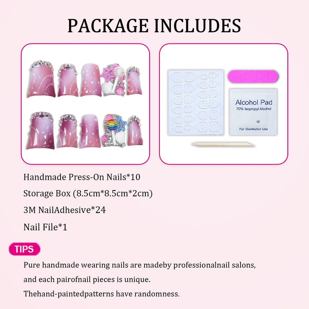 Duck Press on Nails - Handmade 3D Lollipop & Stars, Rhinestones, Pink White Gradient