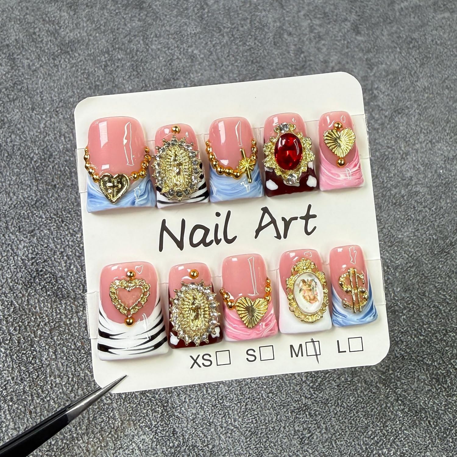 Duck Press on Nails – Handmade 3D Gold Embossed Rhinestone Short Nails with Gradient French Tip