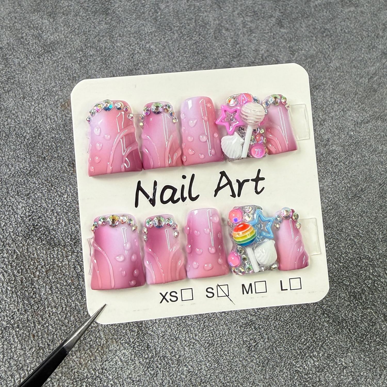 Duck Press on Nails - Handmade 3D Lollipop & Stars, Rhinestones, Pink White Gradient