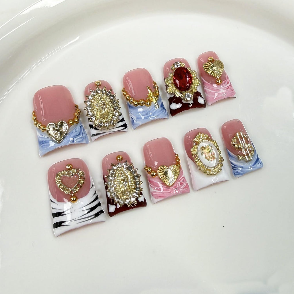 Duck Press on Nails – Handmade 3D Gold Embossed Rhinestone Short Nails with Gradient French Tip
