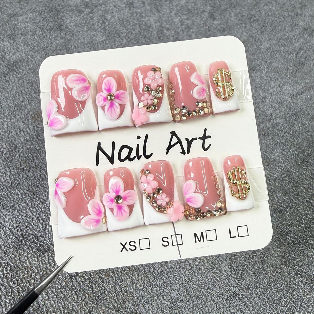 Duckbill Shape Press-on Nails 3D Flower – White French Tips with Golden Rhinestones (10pcs)