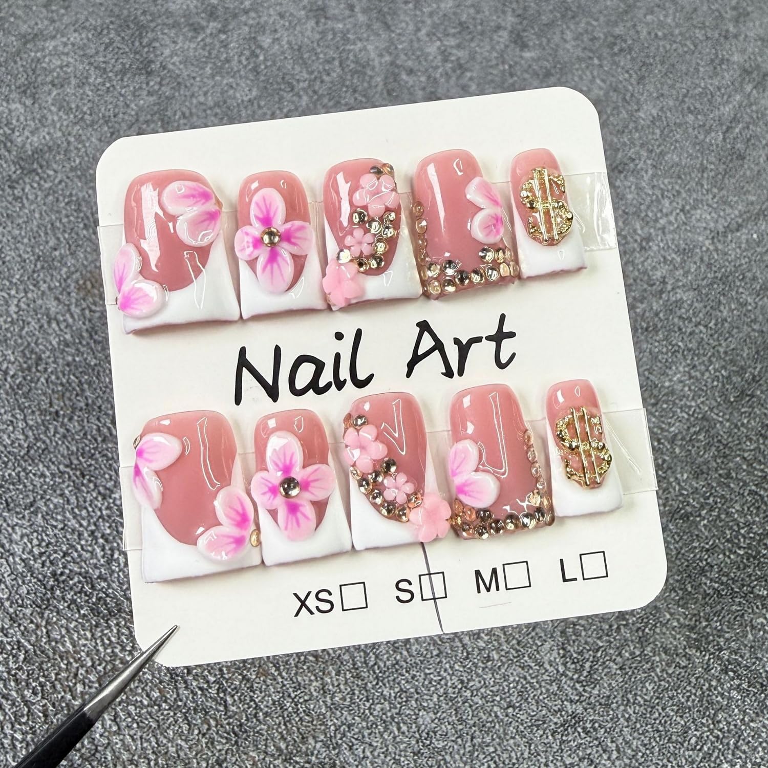 Duckbill Shape Press On Nails 3D Flower – White French Tips with Gold Rhinestones | Short Acrylic Nails (S)