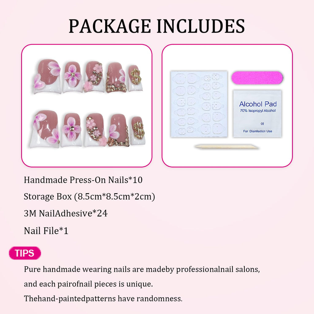 Duckbill Shape Press On Nails 3D Flower – White French Tips with Gold Rhinestones | Short Acrylic Nails (S)