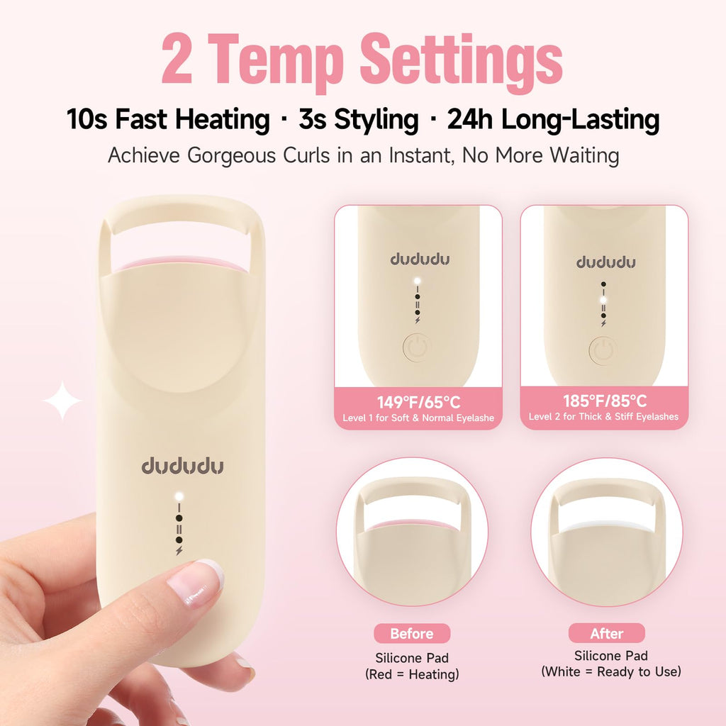 DUDUDU Heated Eyelash Curler – 2-Temp, 10S Heat, Portable Travel-Size